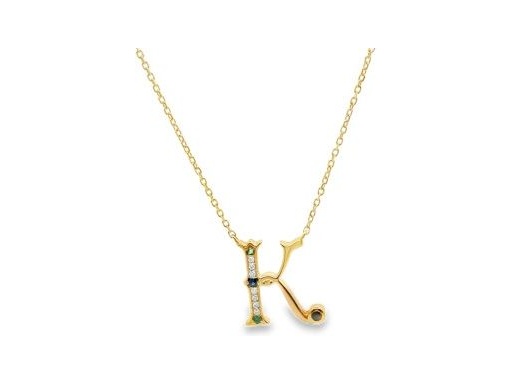 18K Yellow Gold “K” Initial Natural Diamond & Gemstone Necklace